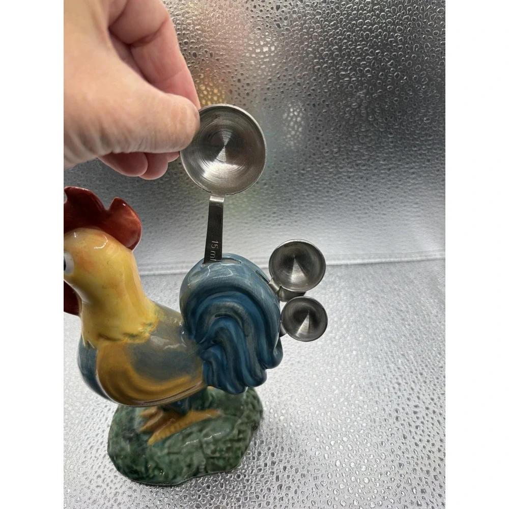 Ceramic Rooster Measuring Spoon Holder Set Farmhouse Kitchen Decor w/ Spoons